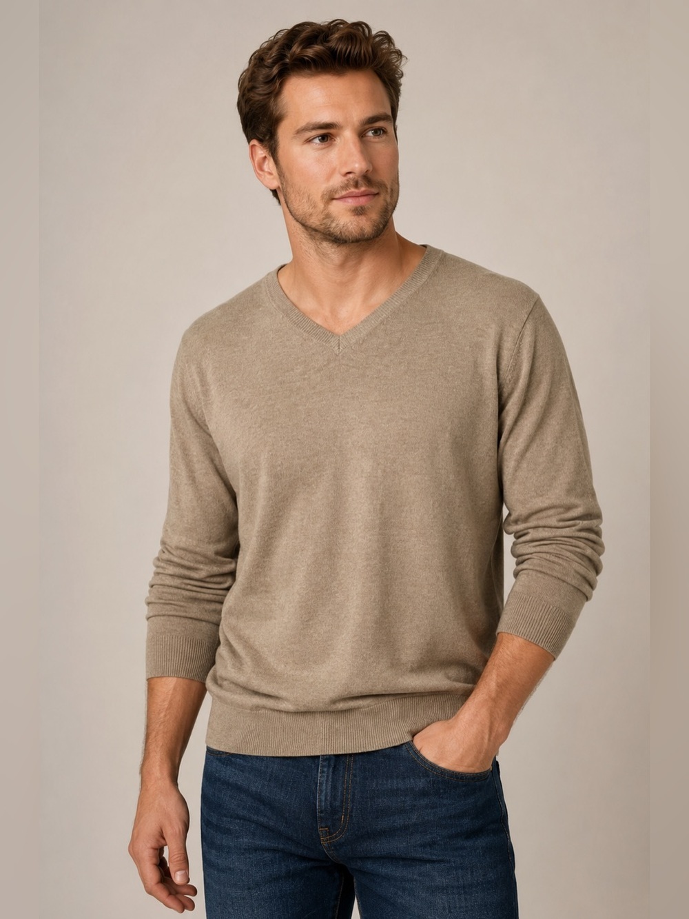 Kallspin Men's M Cashmere Wool Blend Relaxed V Neck Pullover Sweater size L